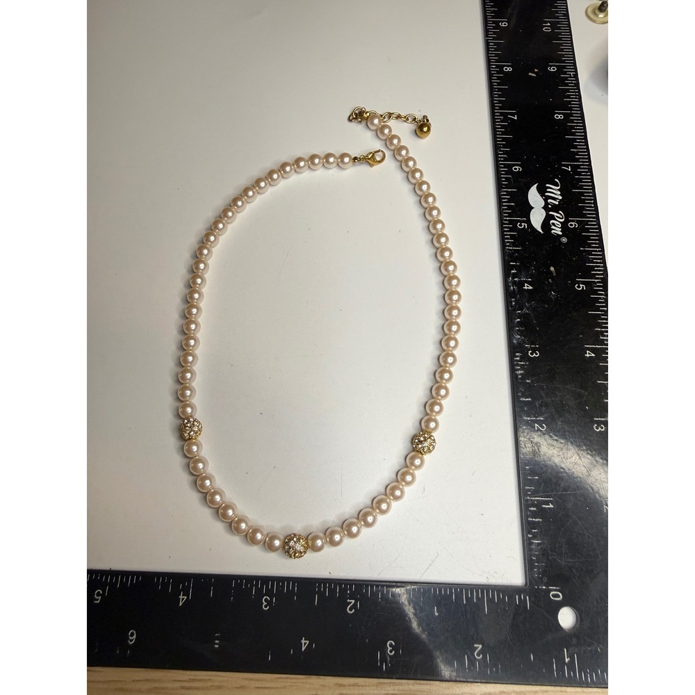 Cream Faux Pearl Necklace Gold Tone Pave Rhinestone Disco Ball Beads Adjustable